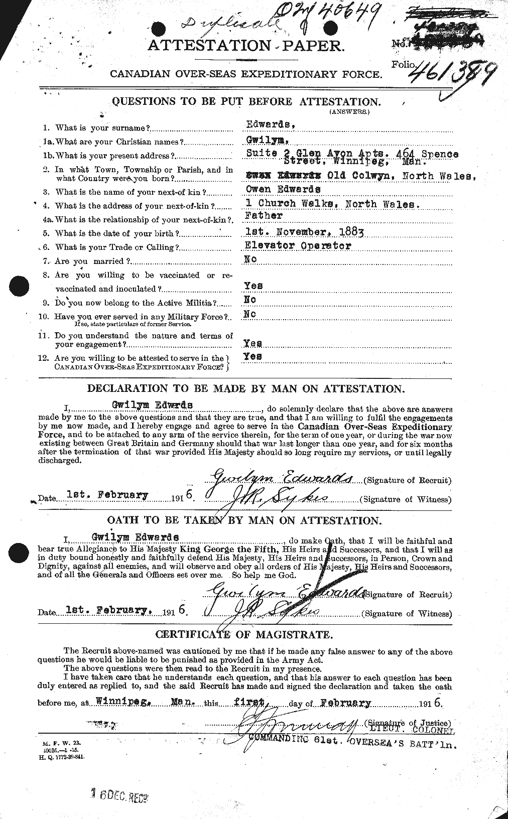 Dossiers du Personnel de la Première Guerre mondiale - CEC 309710a