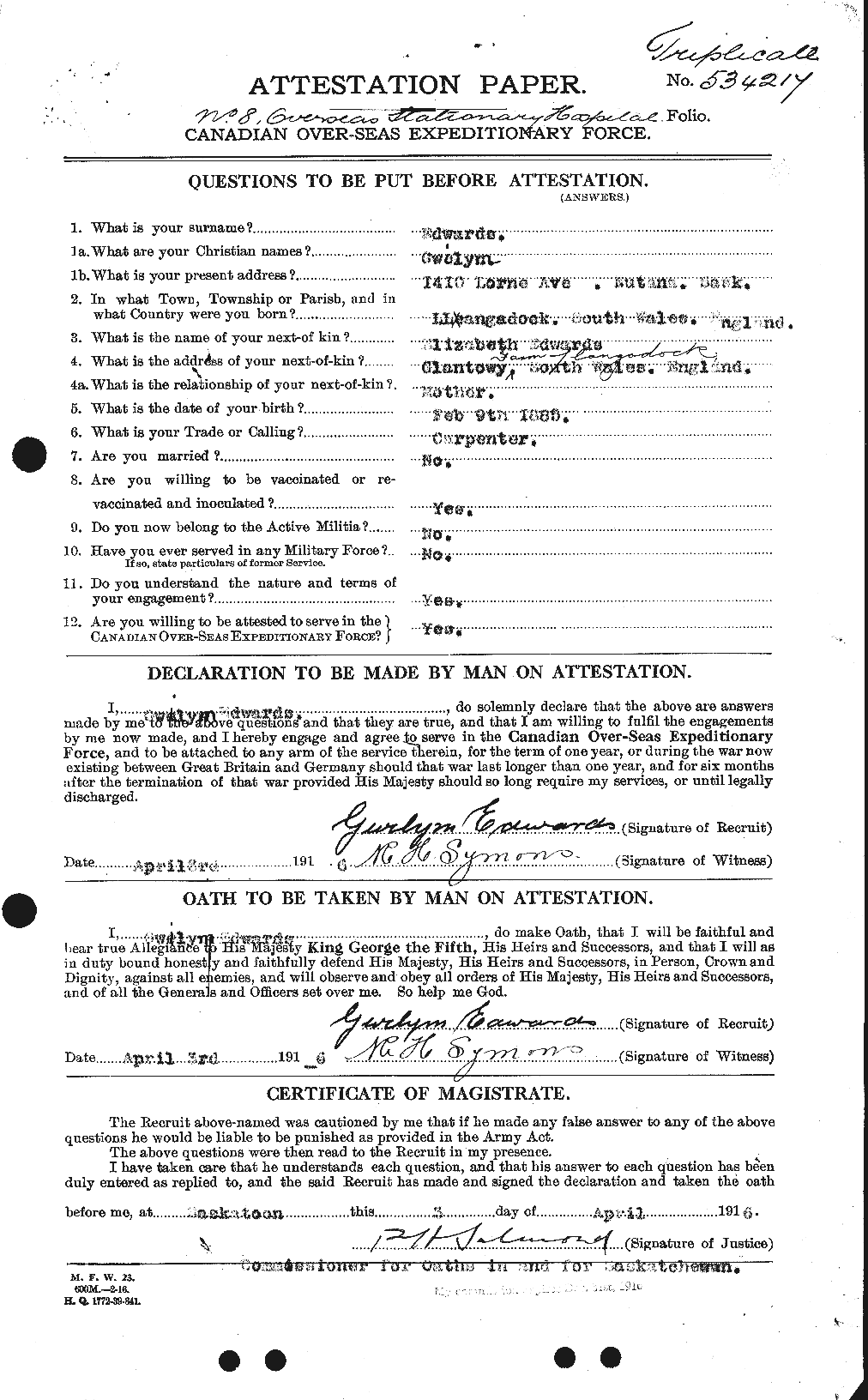 Personnel Records of the First World War - CEF 309711a
