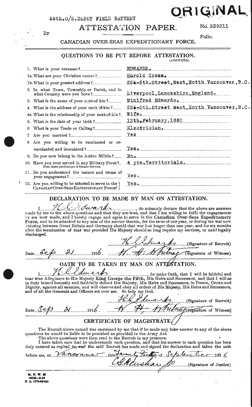 Personnel Records of the First World War - CEF 309719a