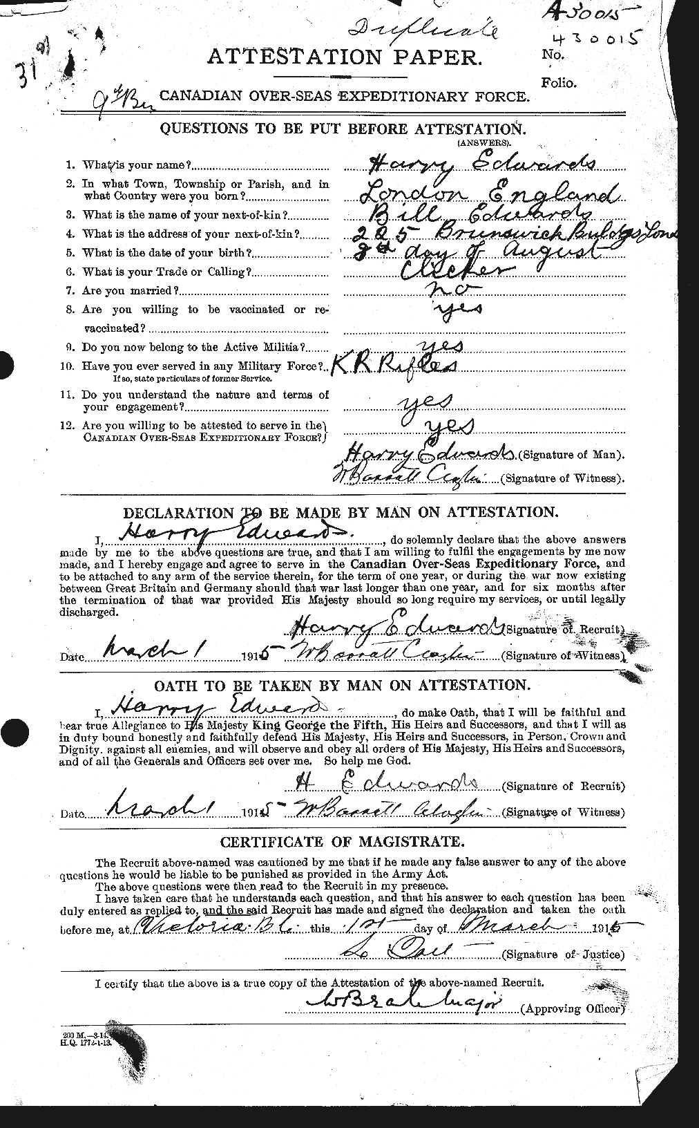 Dossiers du Personnel de la Première Guerre mondiale - CEC 309726a