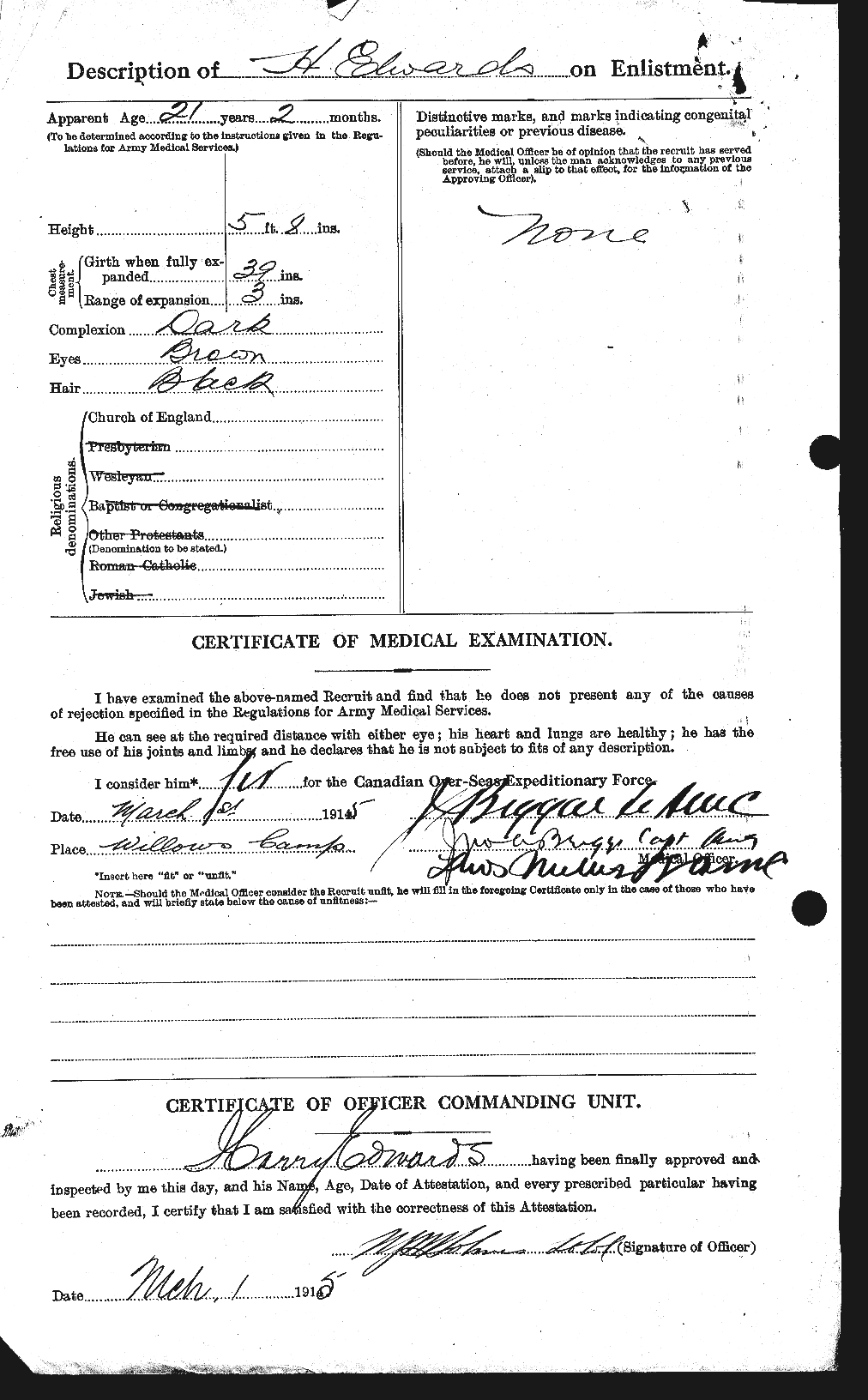 Dossiers du Personnel de la Première Guerre mondiale - CEC 309726b