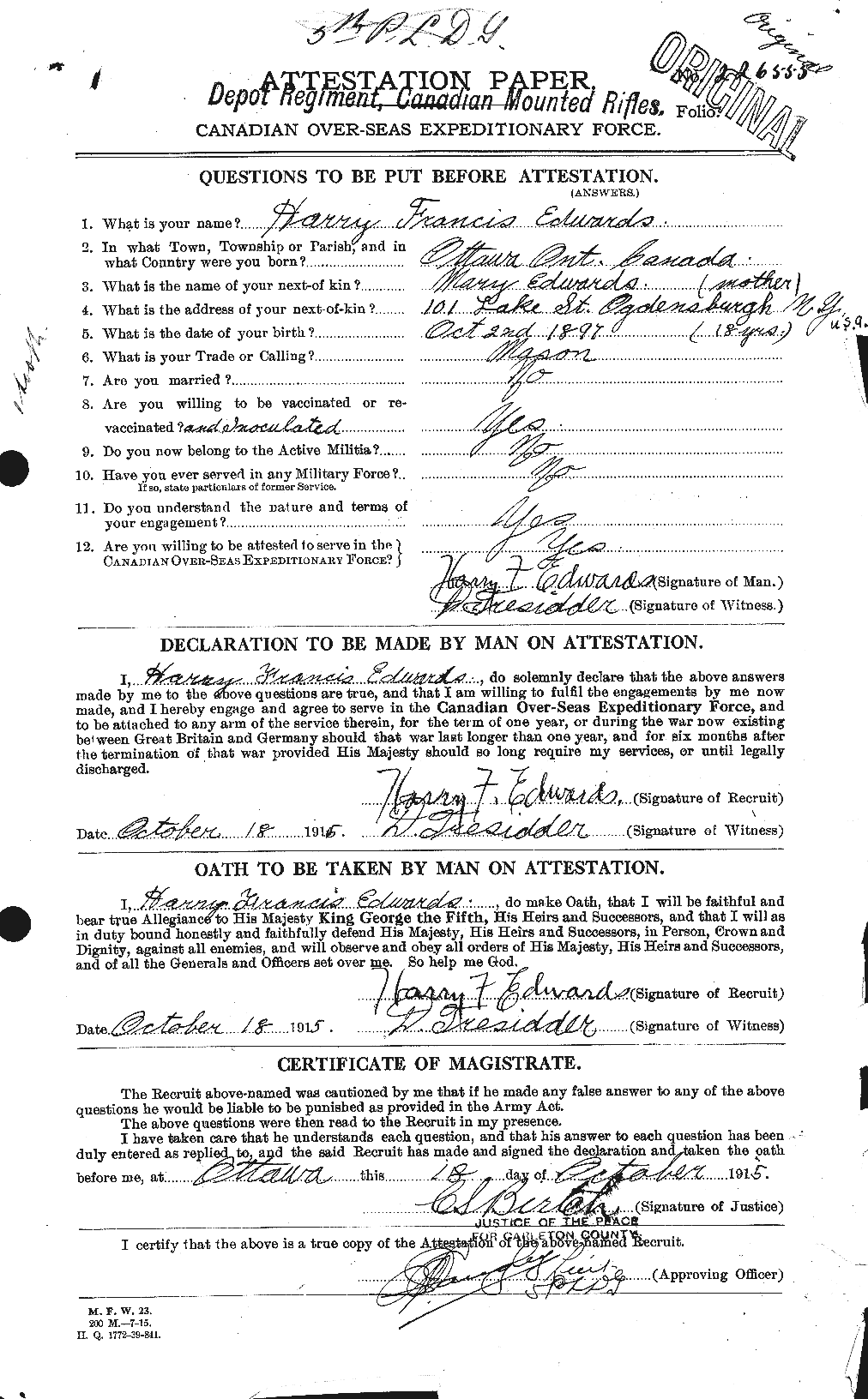 Dossiers du Personnel de la Première Guerre mondiale - CEC 309741a