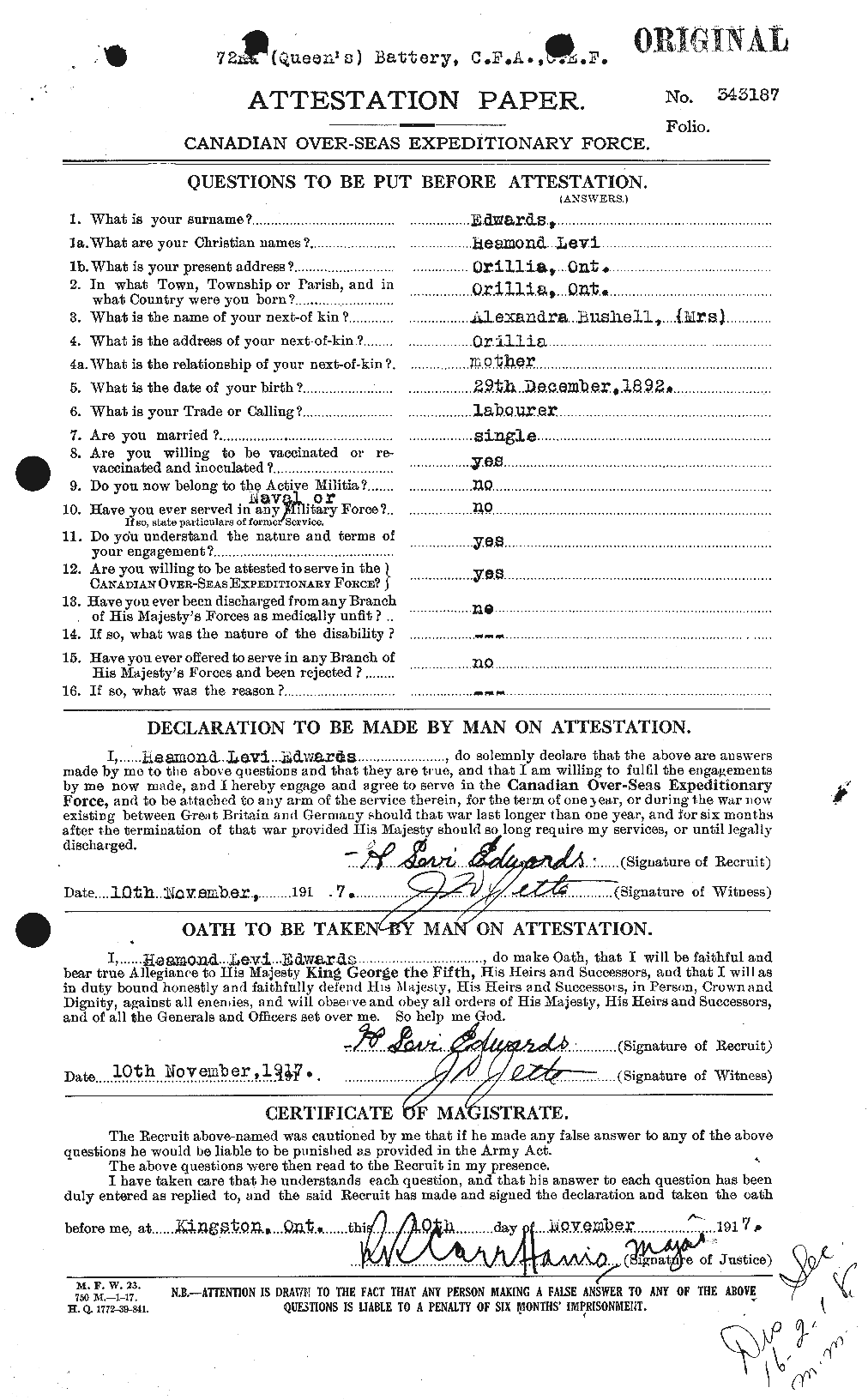 Dossiers du Personnel de la Première Guerre mondiale - CEC 309749a
