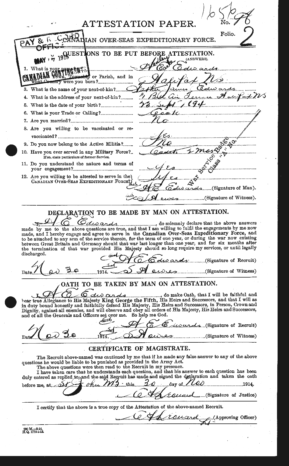 Dossiers du Personnel de la Première Guerre mondiale - CEC 309751a