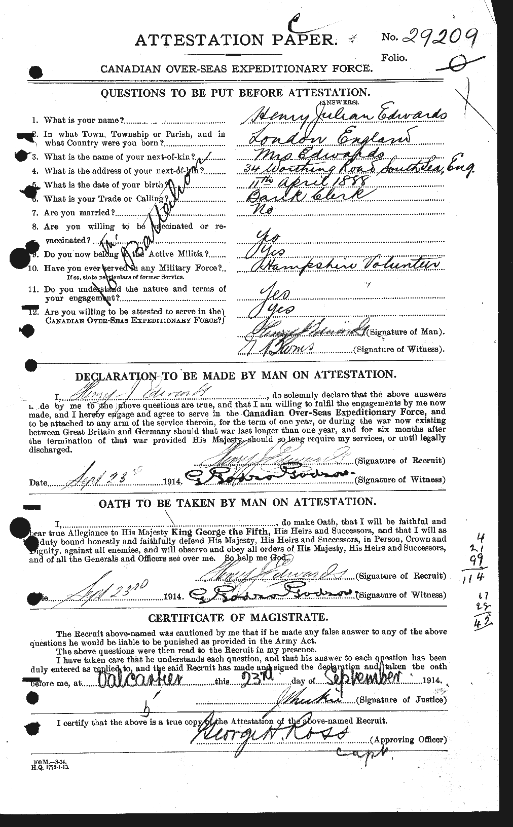 Personnel Records of the First World War - CEF 309763a
