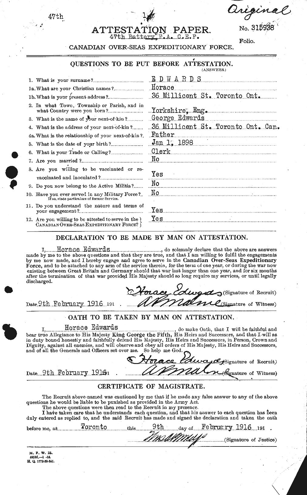 Dossiers du Personnel de la Première Guerre mondiale - CEC 309785a