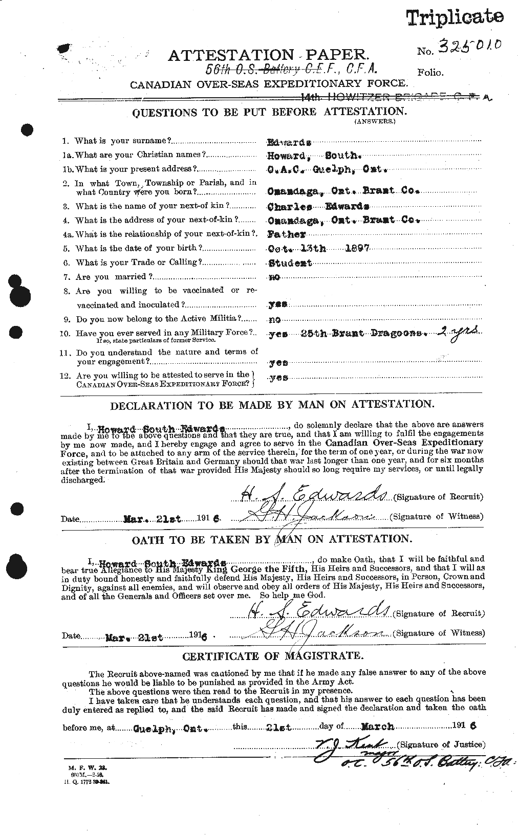Dossiers du Personnel de la Première Guerre mondiale - CEC 309791a