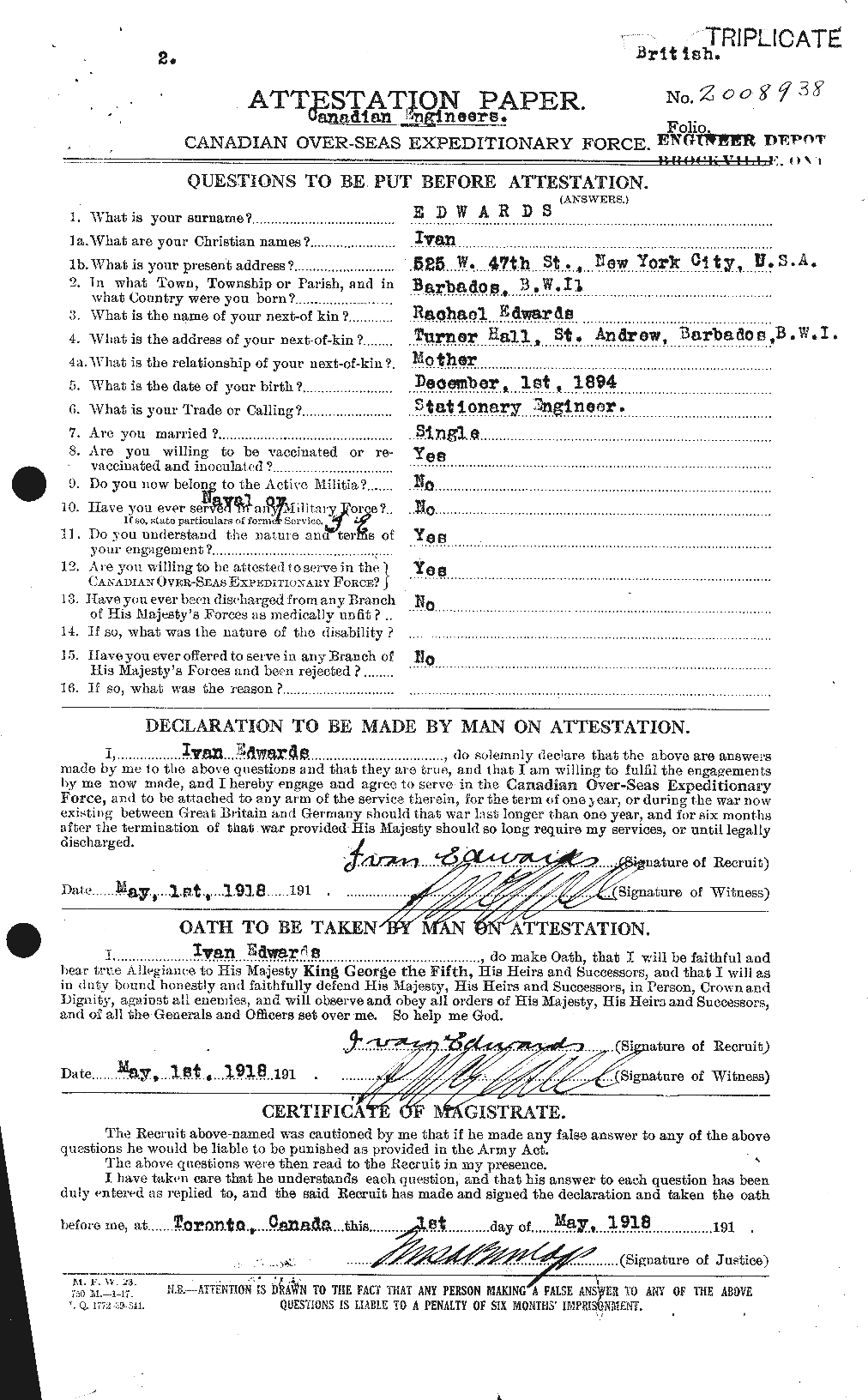 Dossiers du Personnel de la Première Guerre mondiale - CEC 309795a