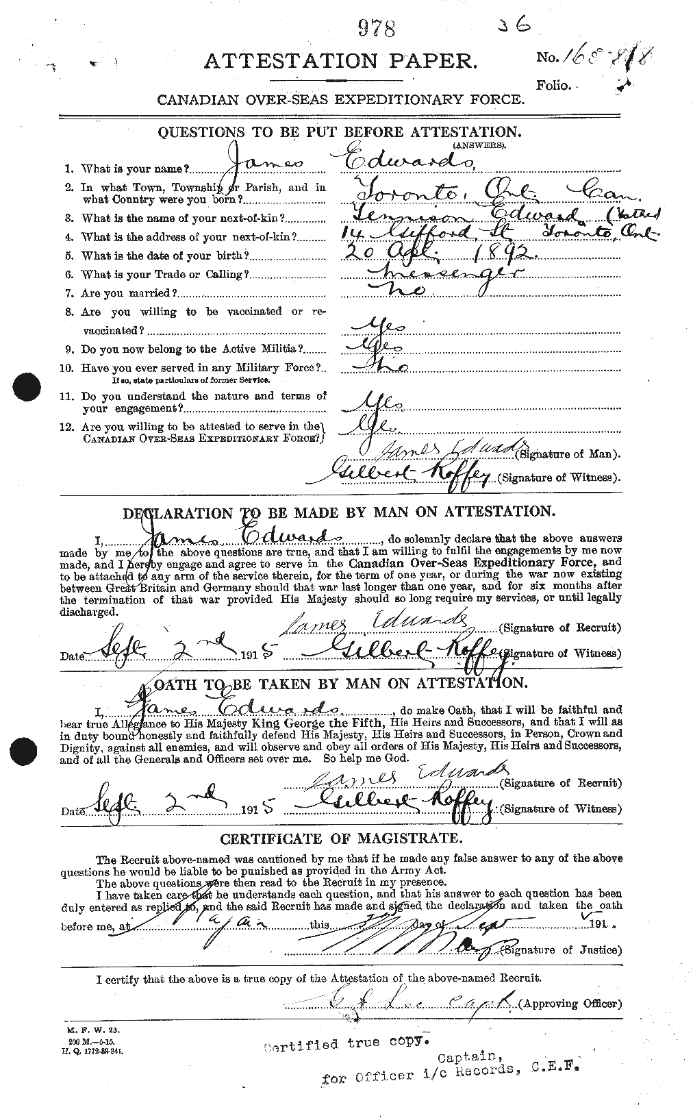 Dossiers du Personnel de la Première Guerre mondiale - CEC 309802a