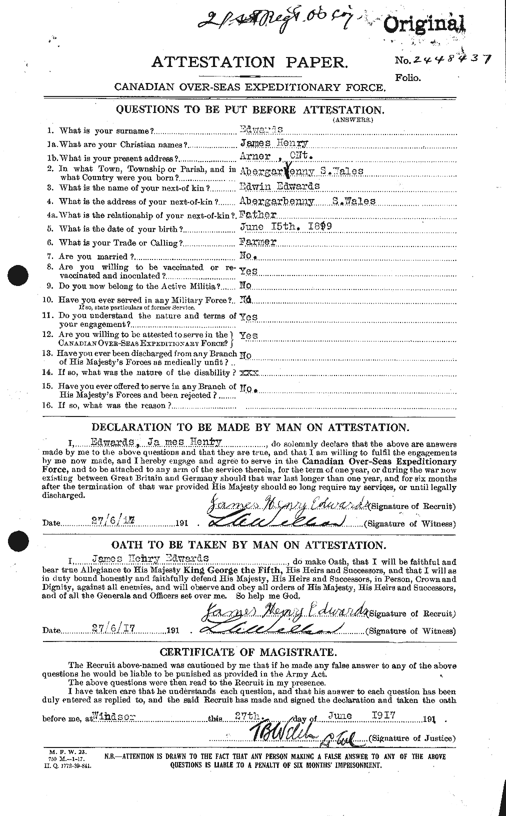 Dossiers du Personnel de la Première Guerre mondiale - CEC 309818a