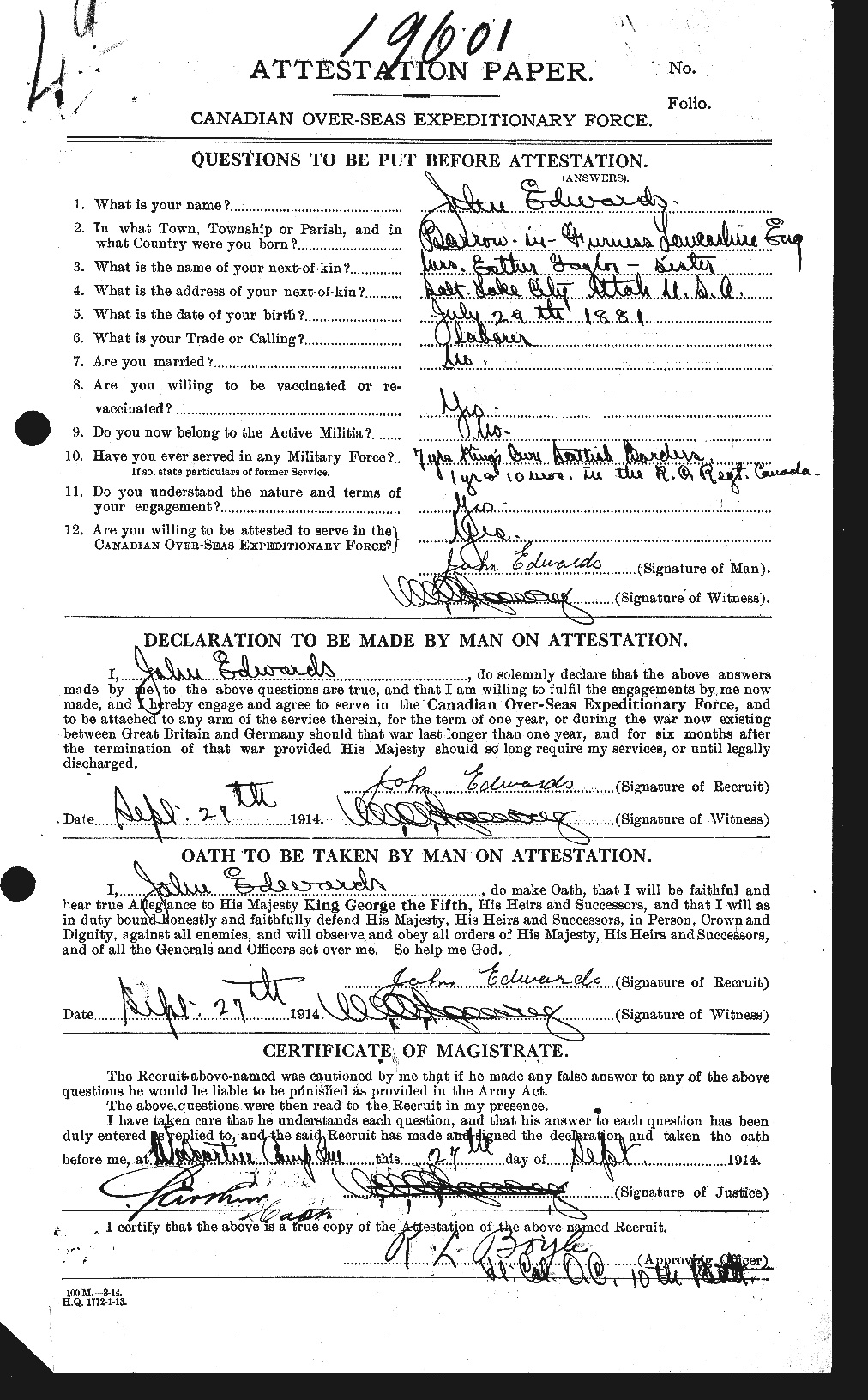 Personnel Records of the First World War - CEF 309831a