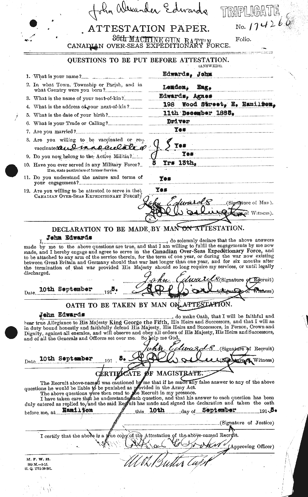 Dossiers du Personnel de la Première Guerre mondiale - CEC 309839a