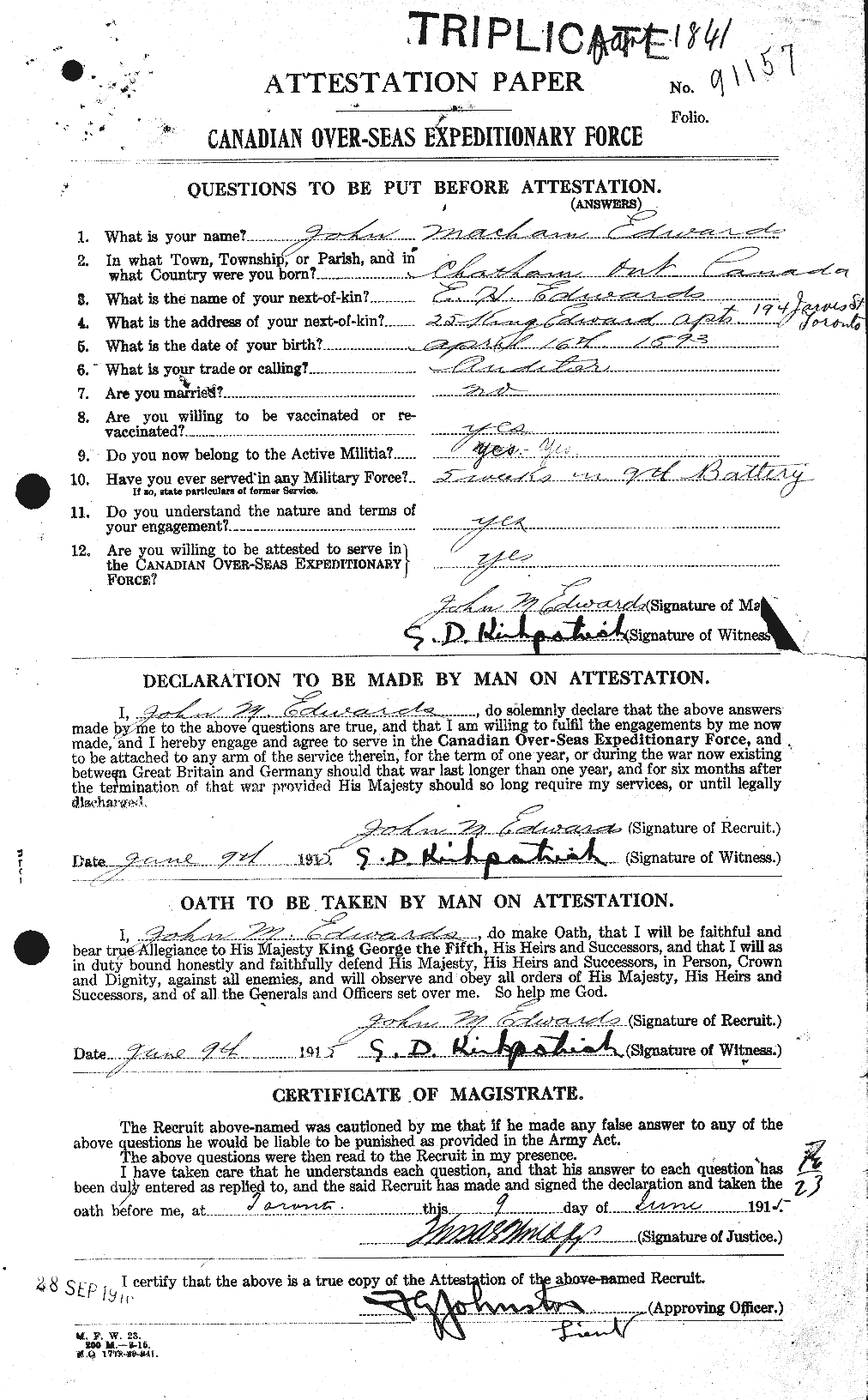 Dossiers du Personnel de la Première Guerre mondiale - CEC 310149a