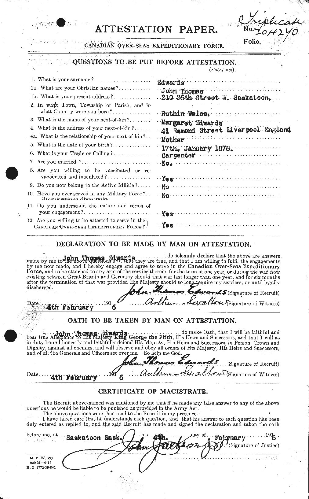Dossiers du Personnel de la Première Guerre mondiale - CEC 310157a