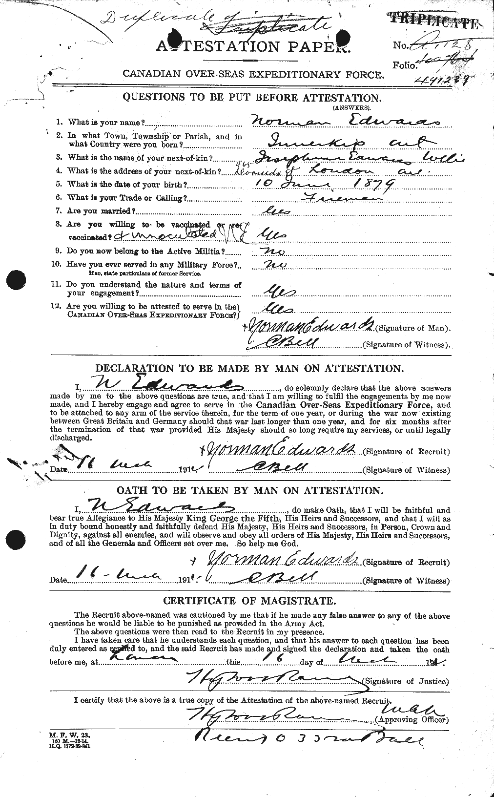 Dossiers du Personnel de la Première Guerre mondiale - CEC 310220a