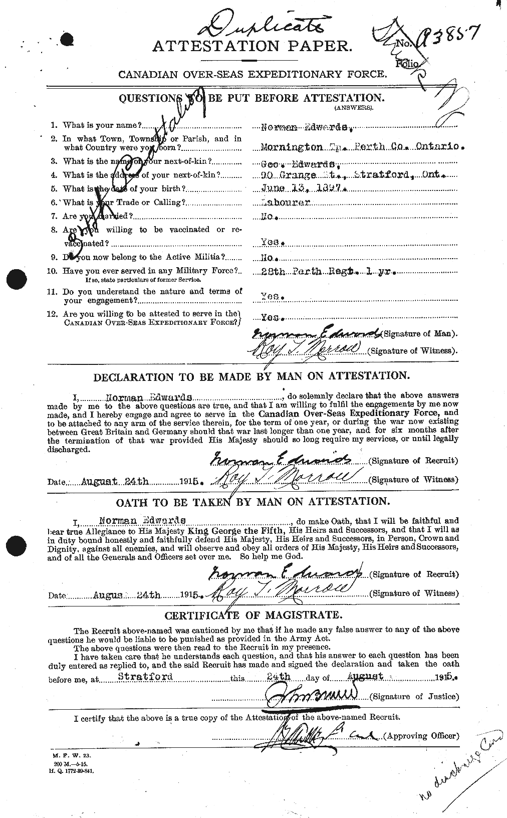 Dossiers du Personnel de la Première Guerre mondiale - CEC 310222a