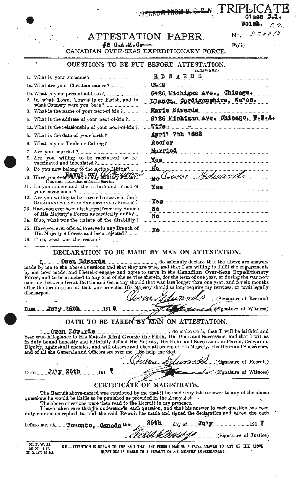 Dossiers du Personnel de la Première Guerre mondiale - CEC 310228a