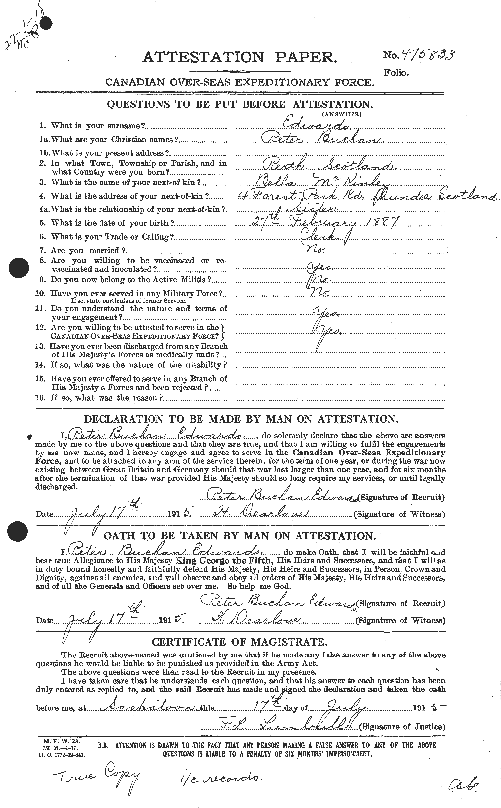 Dossiers du Personnel de la Première Guerre mondiale - CEC 310240a