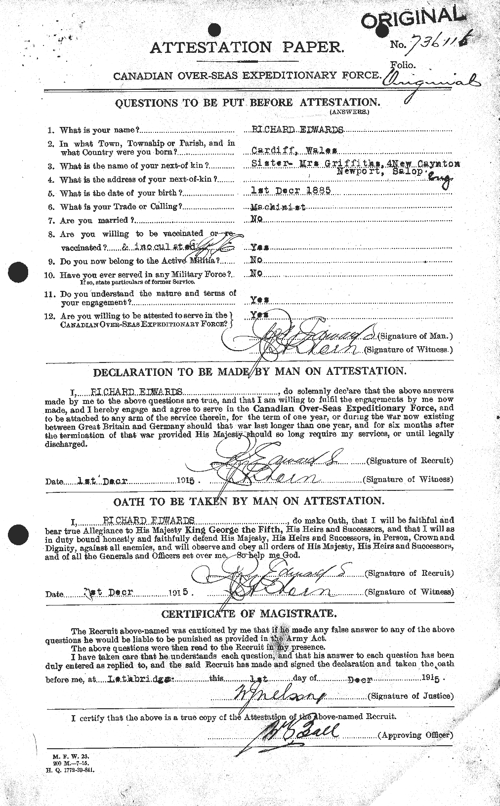 Dossiers du Personnel de la Première Guerre mondiale - CEC 310252a