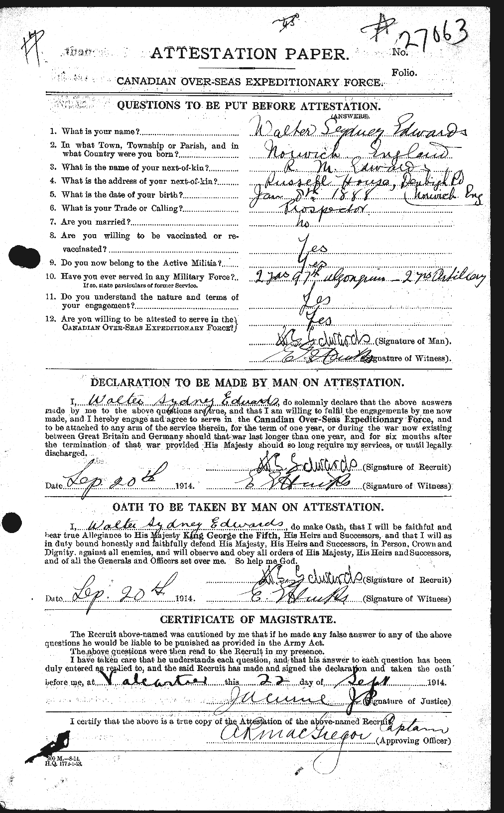 Dossiers du Personnel de la Première Guerre mondiale - CEC 310378a