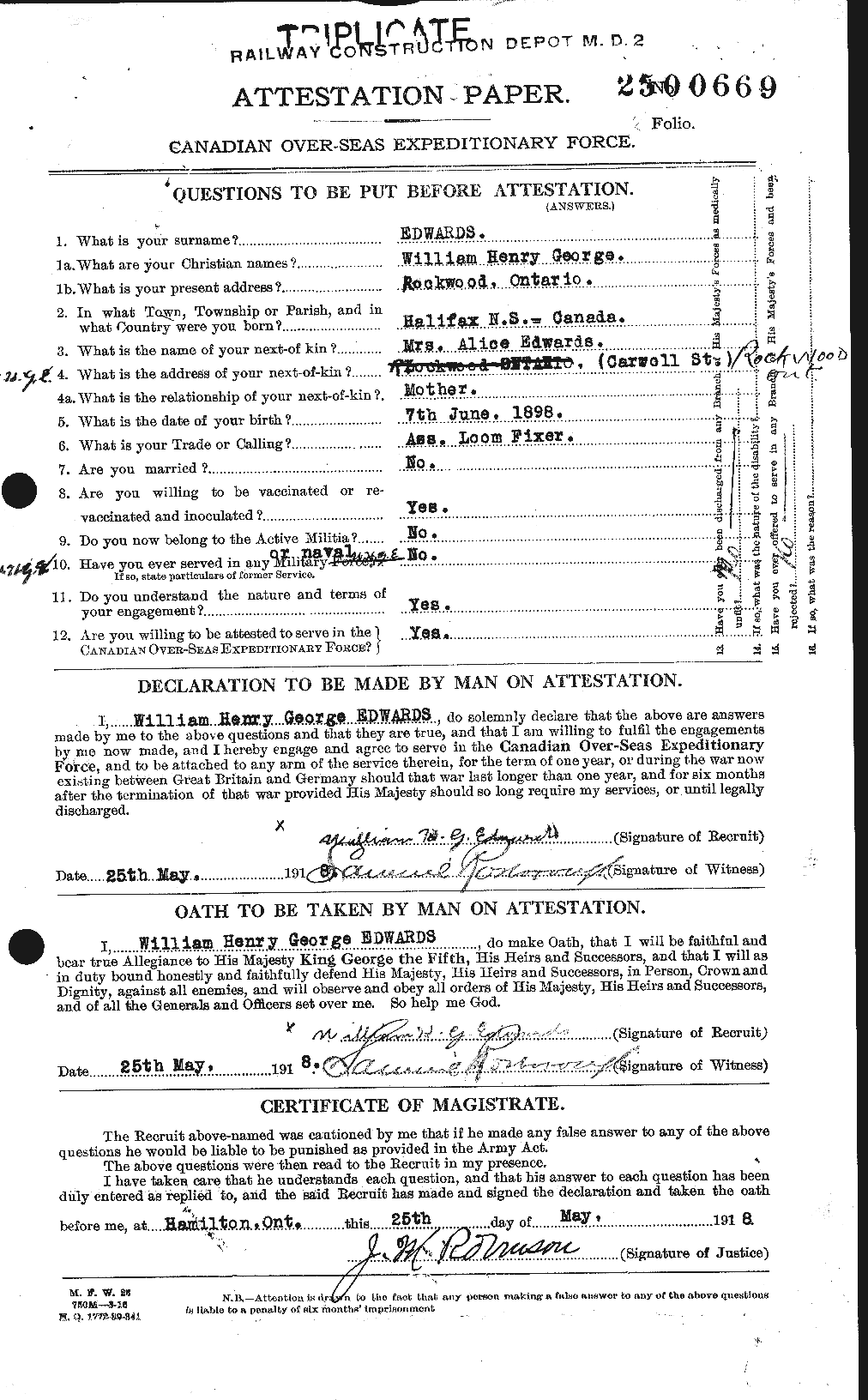 Dossiers du Personnel de la Première Guerre mondiale - CEC 310386a