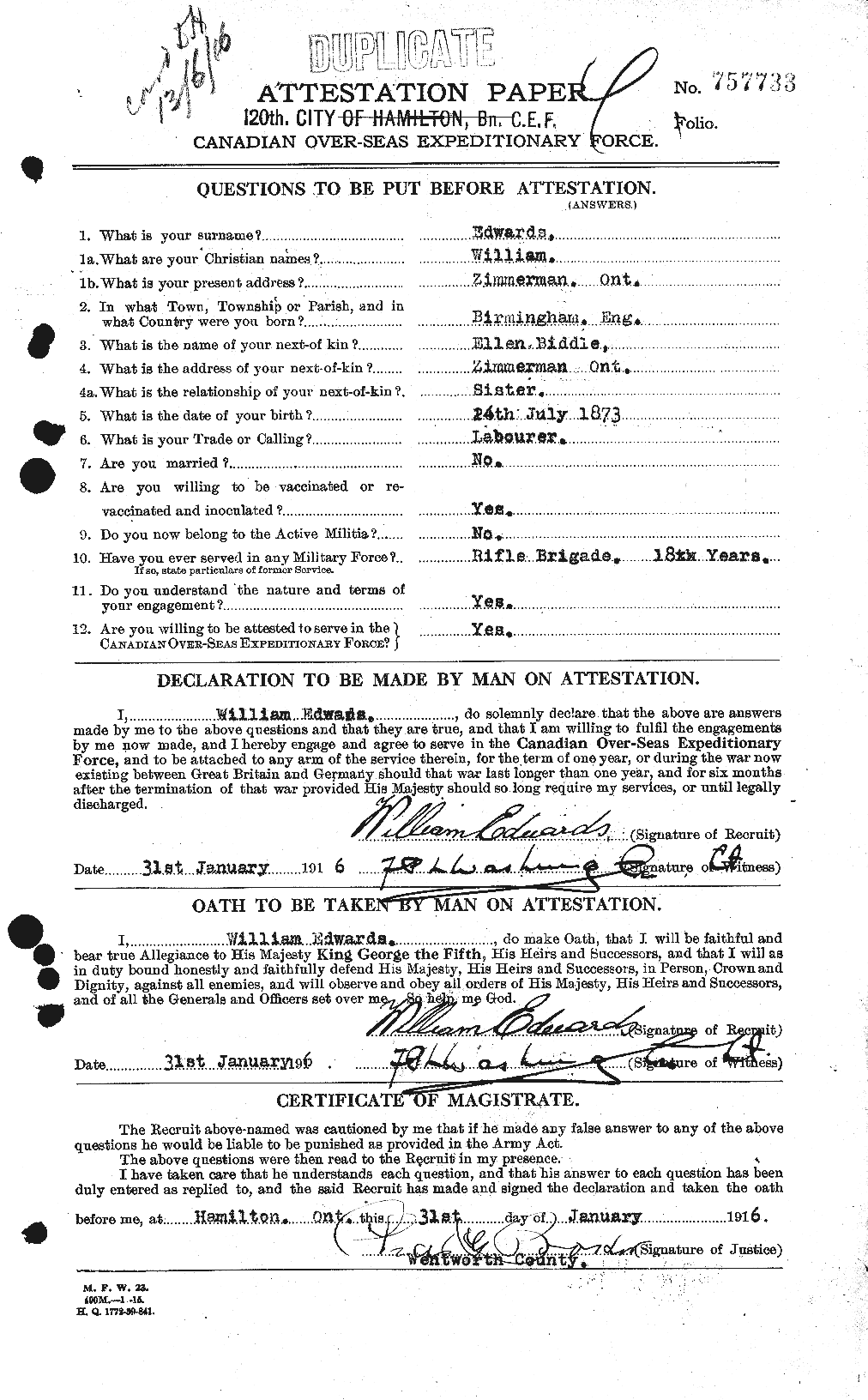Dossiers du Personnel de la Première Guerre mondiale - CEC 310388a