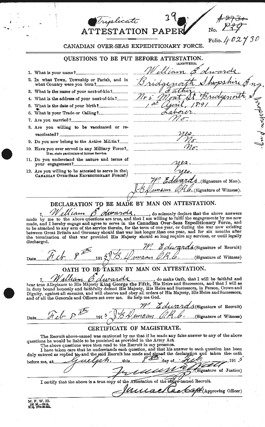 Dossiers du Personnel de la Première Guerre mondiale - CEC 310399a