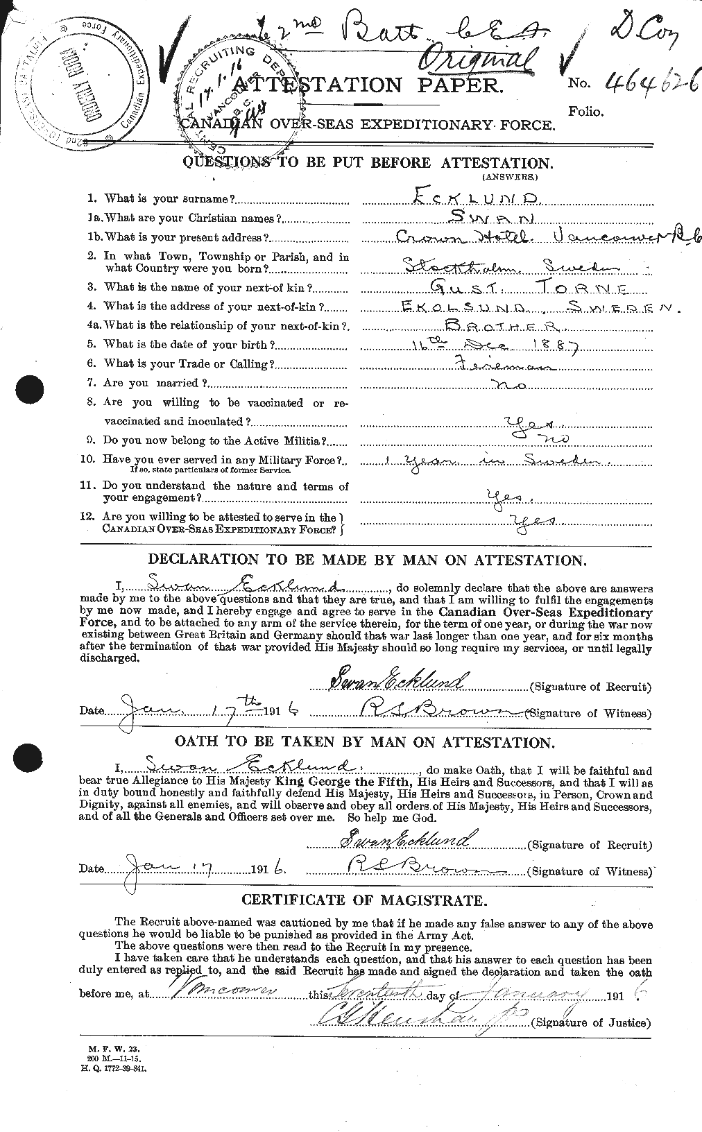 Dossiers du Personnel de la Première Guerre mondiale - CEC 310483a