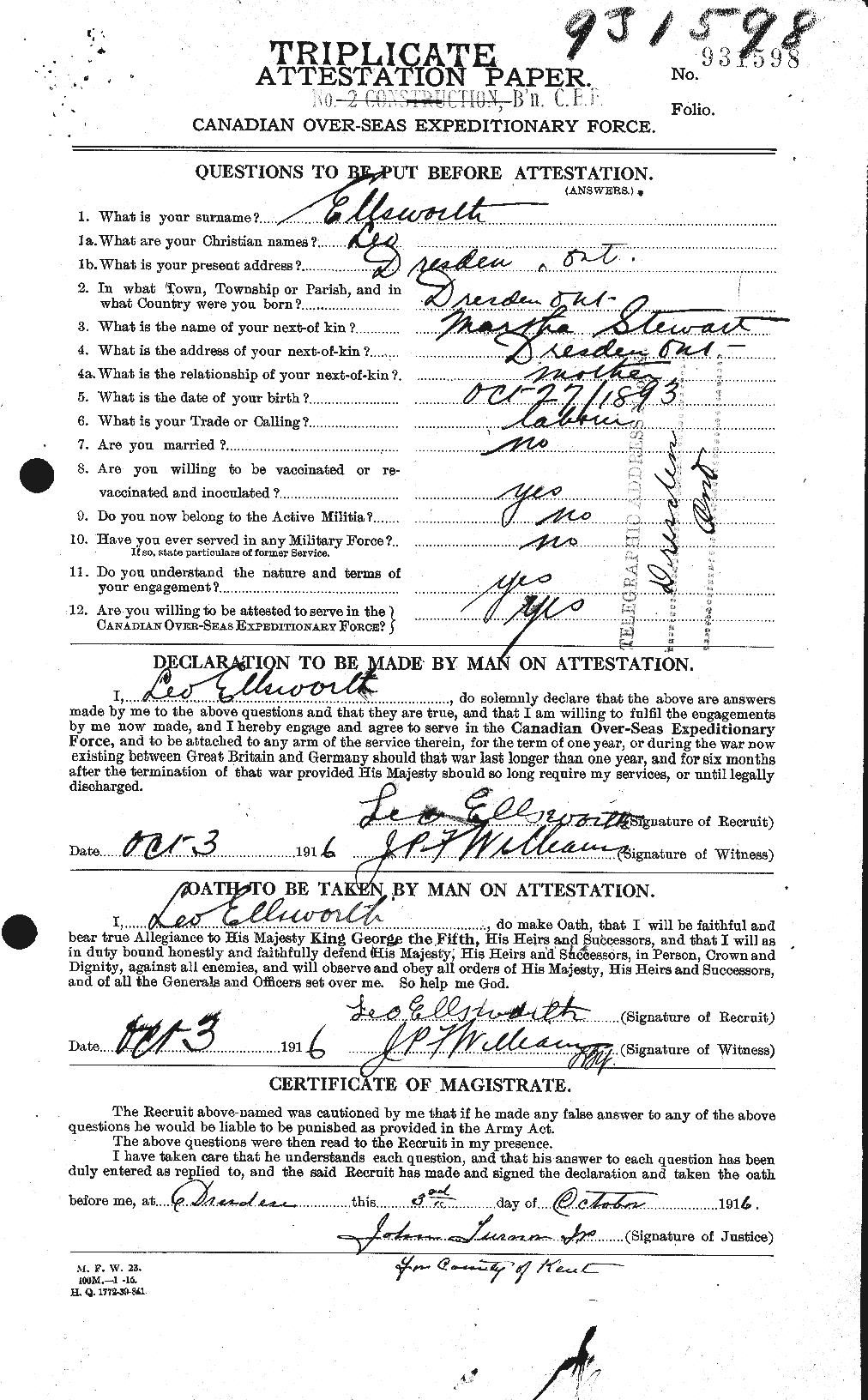 Dossiers du Personnel de la Première Guerre mondiale - CEC 311423a