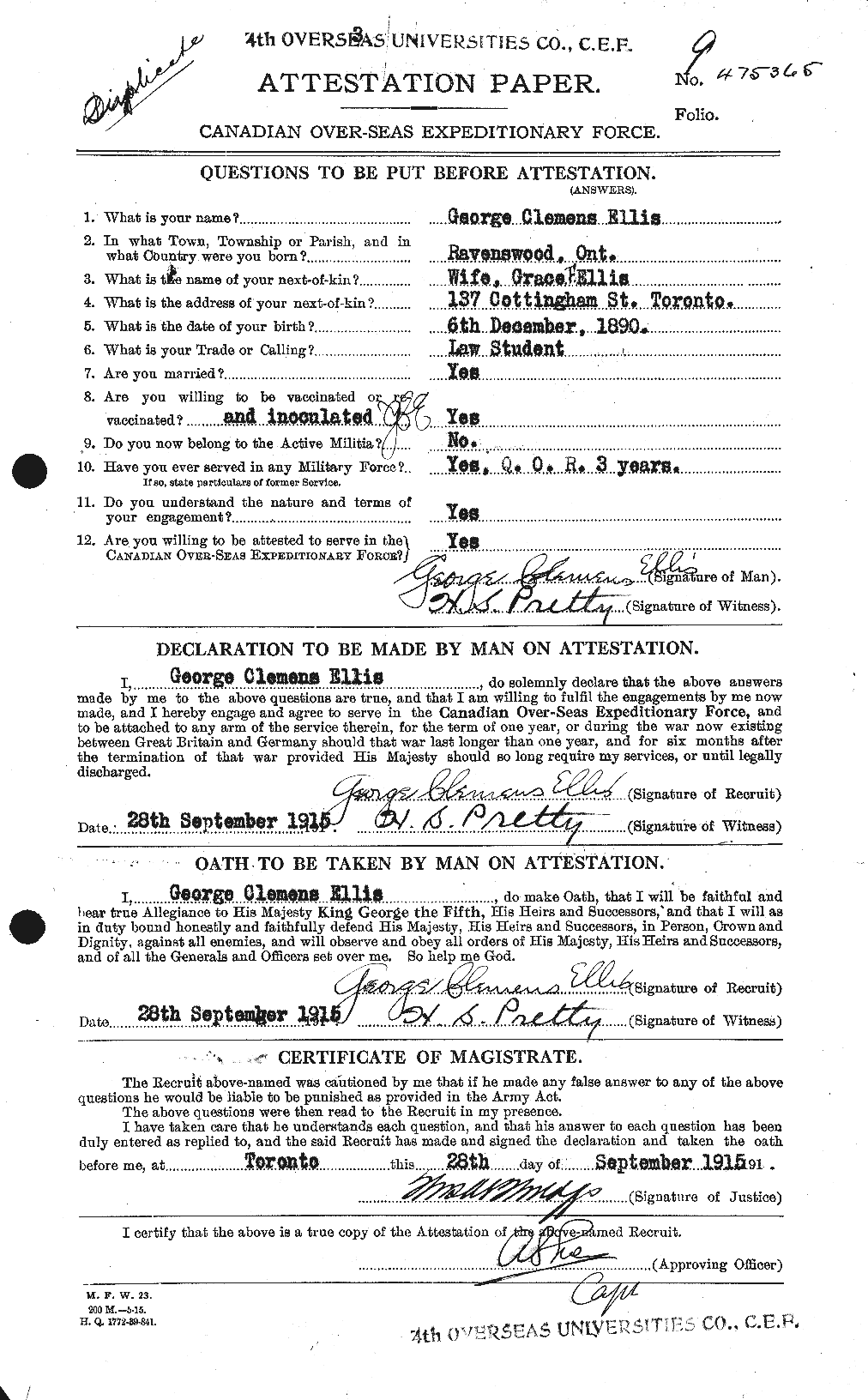 Dossiers du Personnel de la Première Guerre mondiale - CEC 311894a