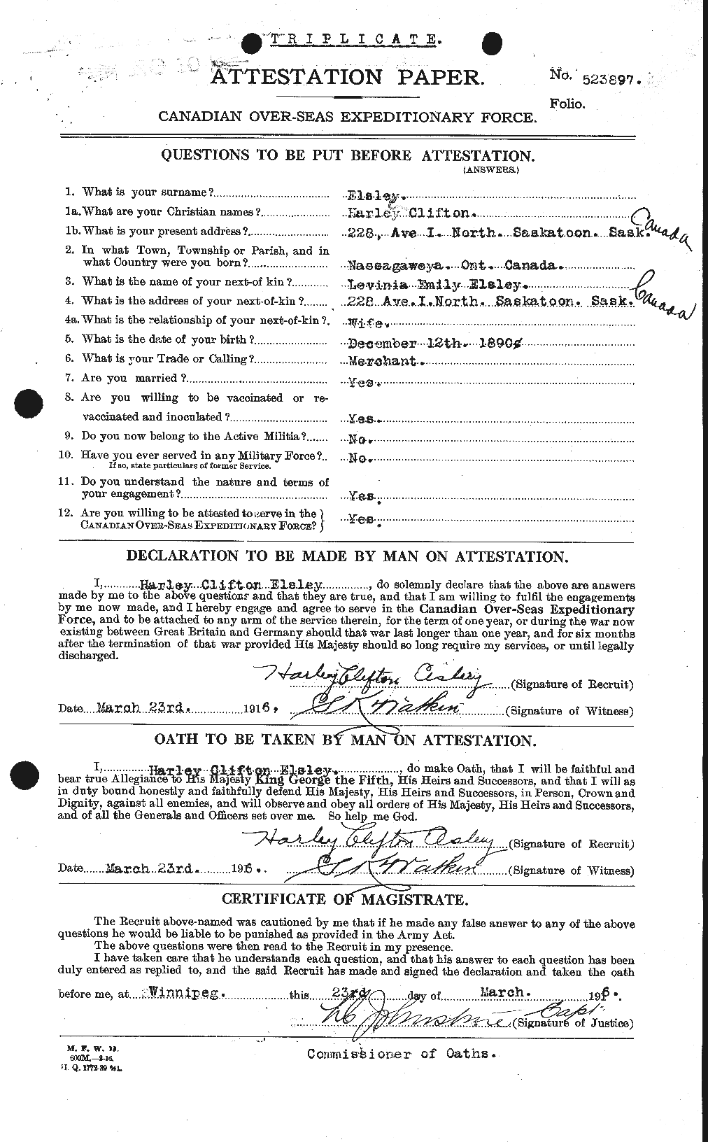 Dossiers du Personnel de la Première Guerre mondiale - CEC 312815a