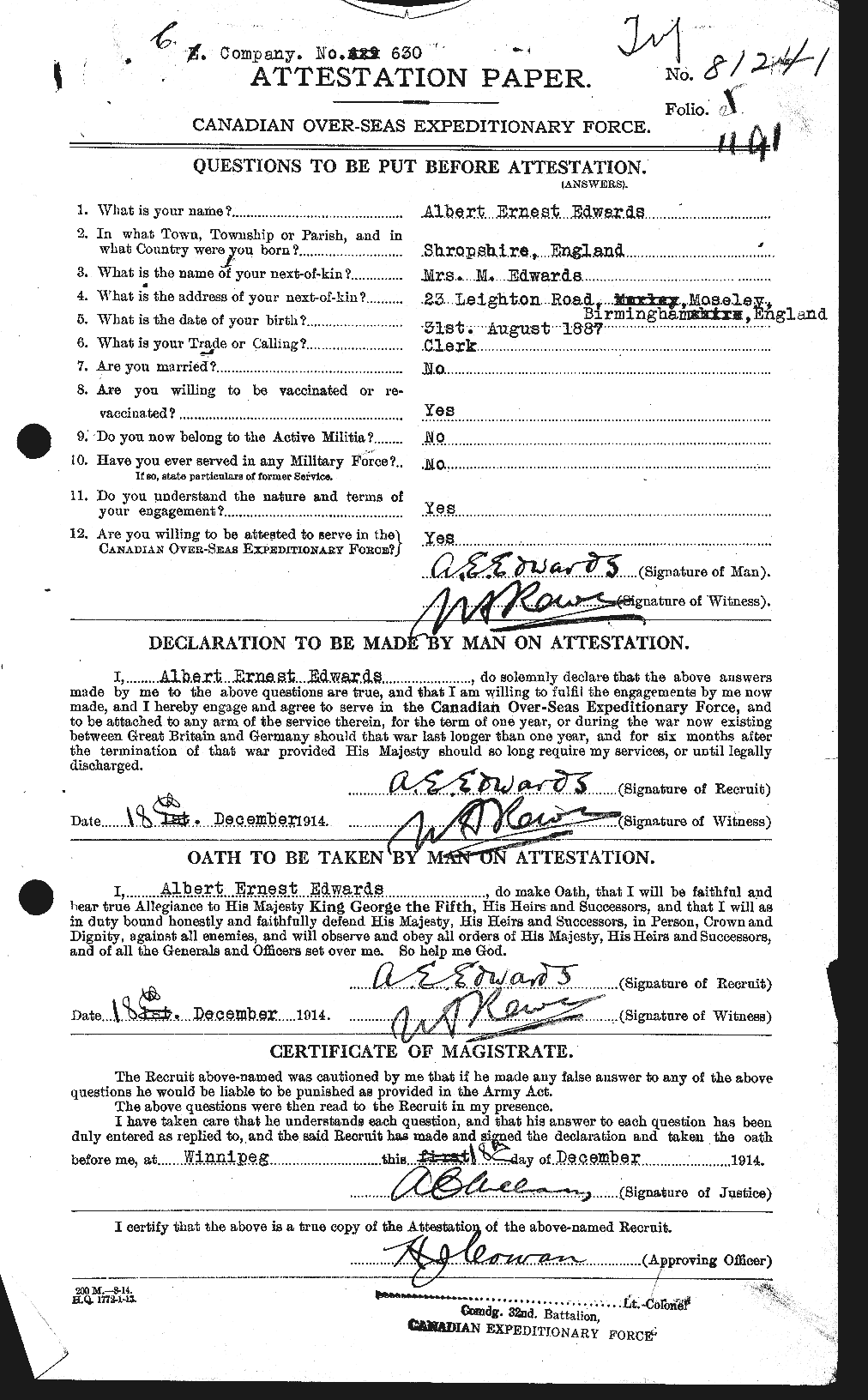 Personnel Records of the First World War - CEF 313091a