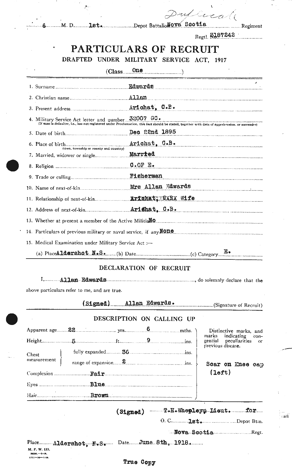 Dossiers du Personnel de la Première Guerre mondiale - CEC 313110a