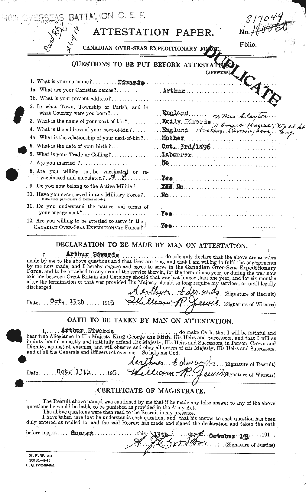 Dossiers du Personnel de la Première Guerre mondiale - CEC 313129a