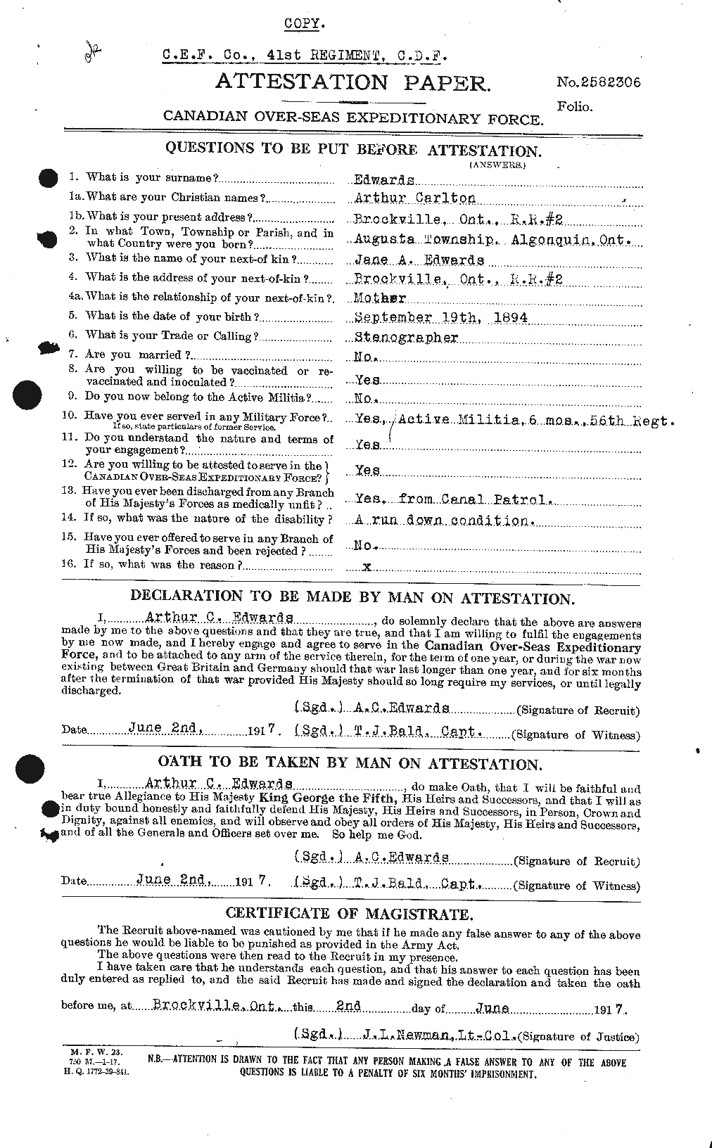 Personnel Records of the First World War - CEF 313133a