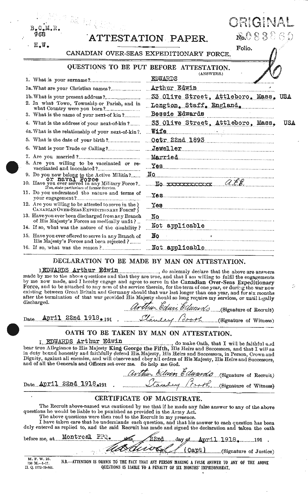 Personnel Records of the First World War - CEF 313138a