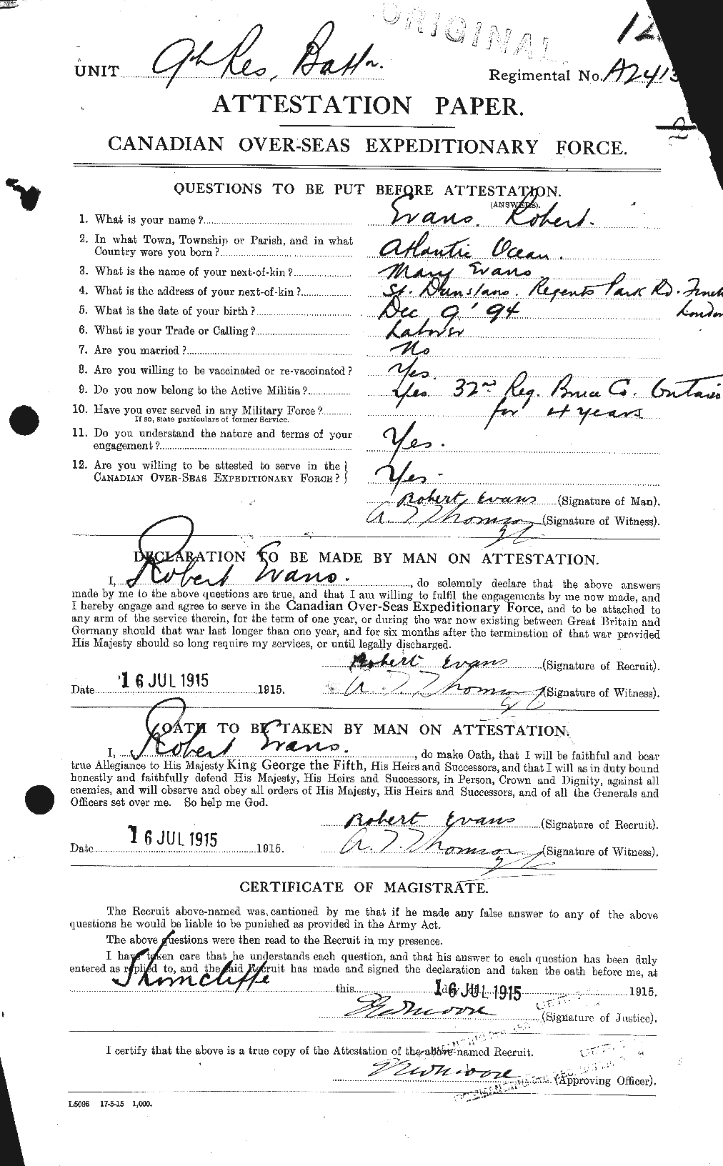 Dossiers du Personnel de la Première Guerre mondiale - CEC 313284a