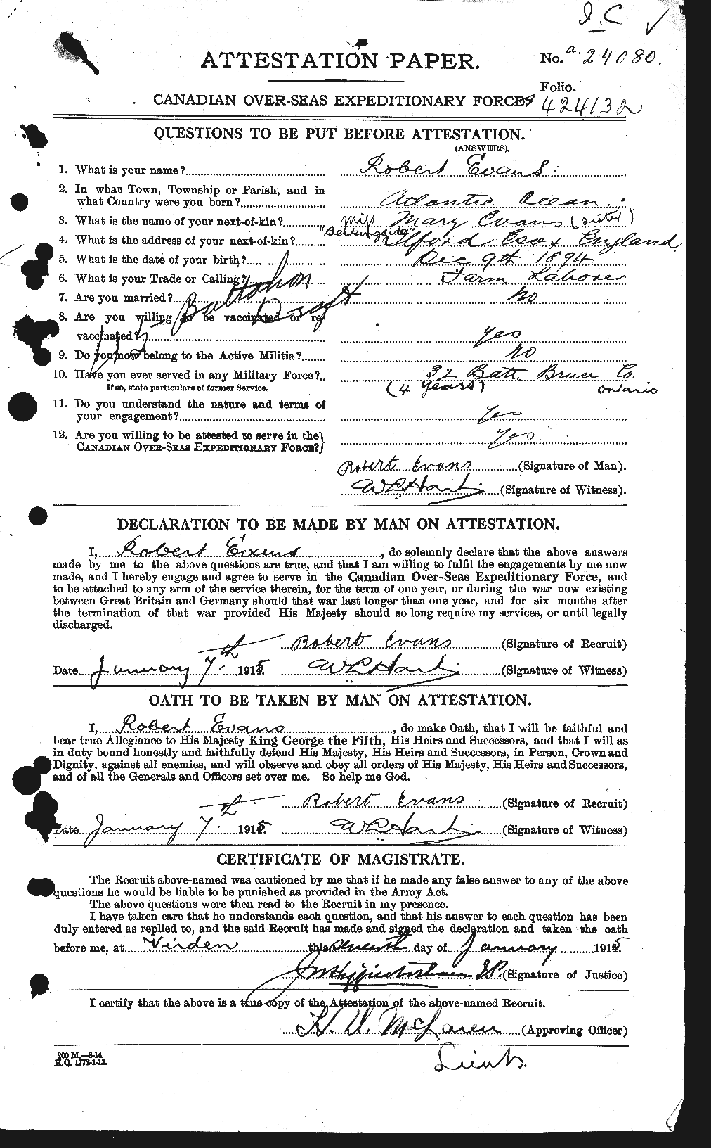 Dossiers du Personnel de la Première Guerre mondiale - CEC 313285a