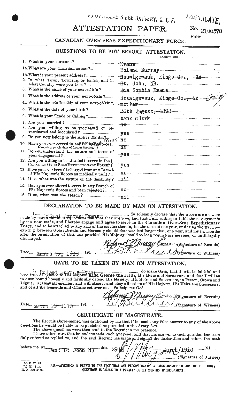 Dossiers du Personnel de la Première Guerre mondiale - CEC 313316a