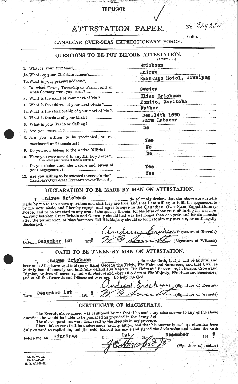 Dossiers du Personnel de la Première Guerre mondiale - CEC 313340a