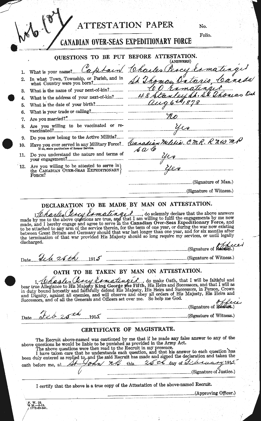 Dossiers du Personnel de la Première Guerre mondiale - CEC 313487a