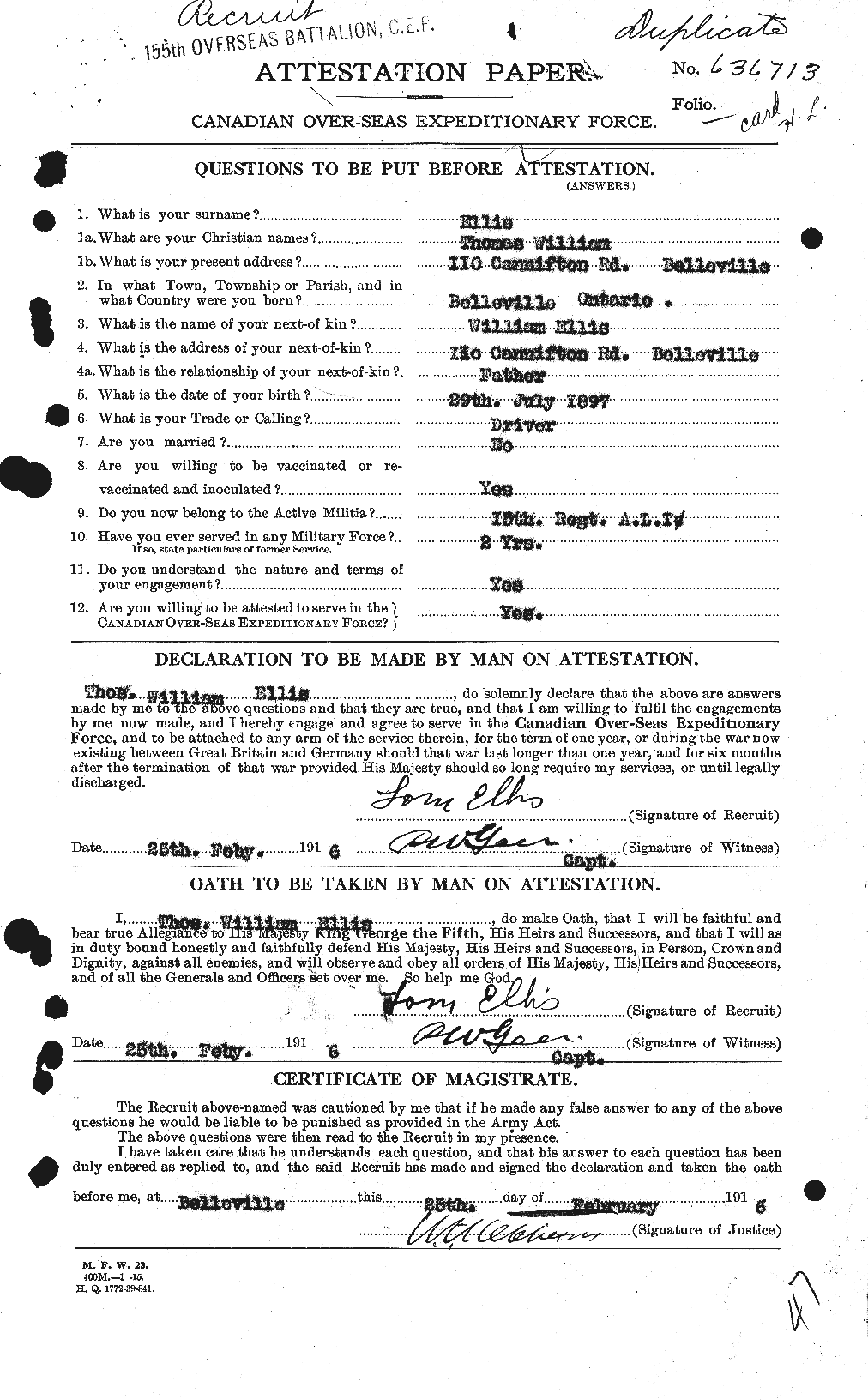 Dossiers du Personnel de la Première Guerre mondiale - CEC 313641a