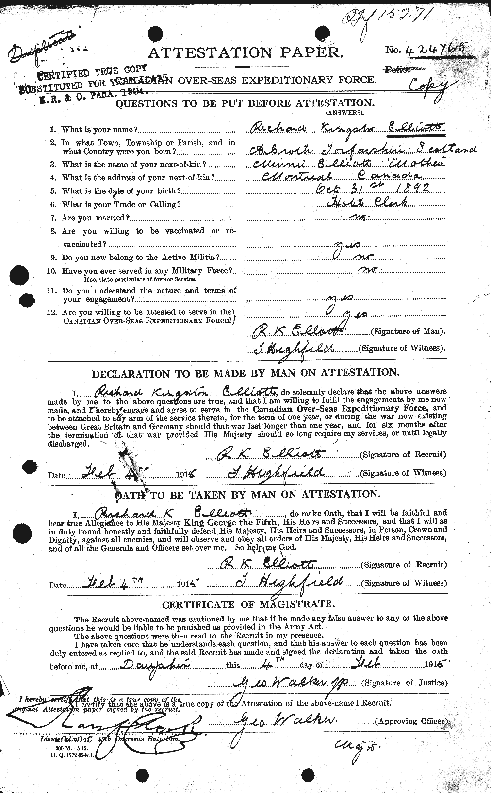 Dossiers du Personnel de la Première Guerre mondiale - CEC 316058a