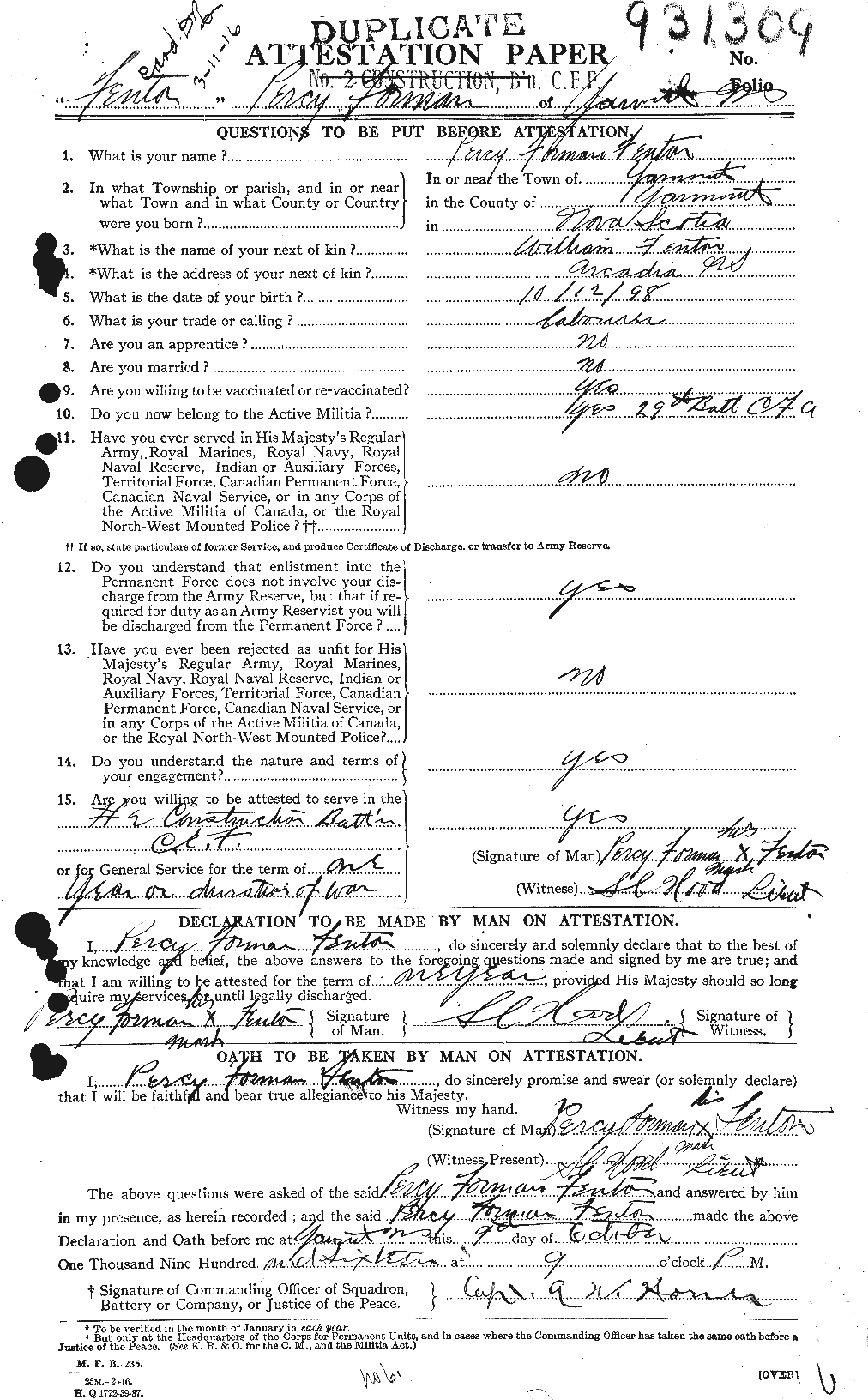Dossiers du Personnel de la Première Guerre mondiale - CEC 318539a