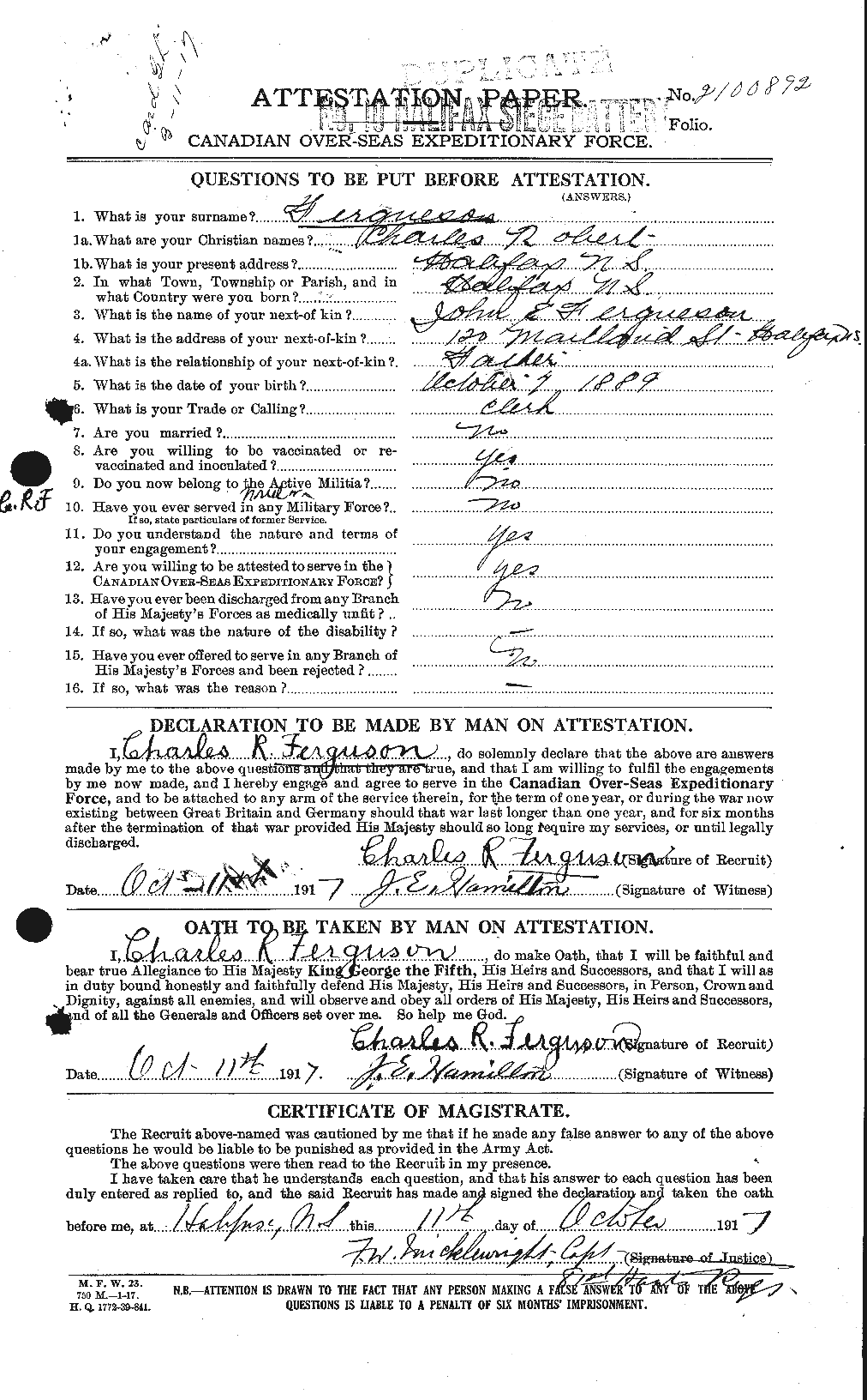 Personnel Records of the First World War - CEF 318946a