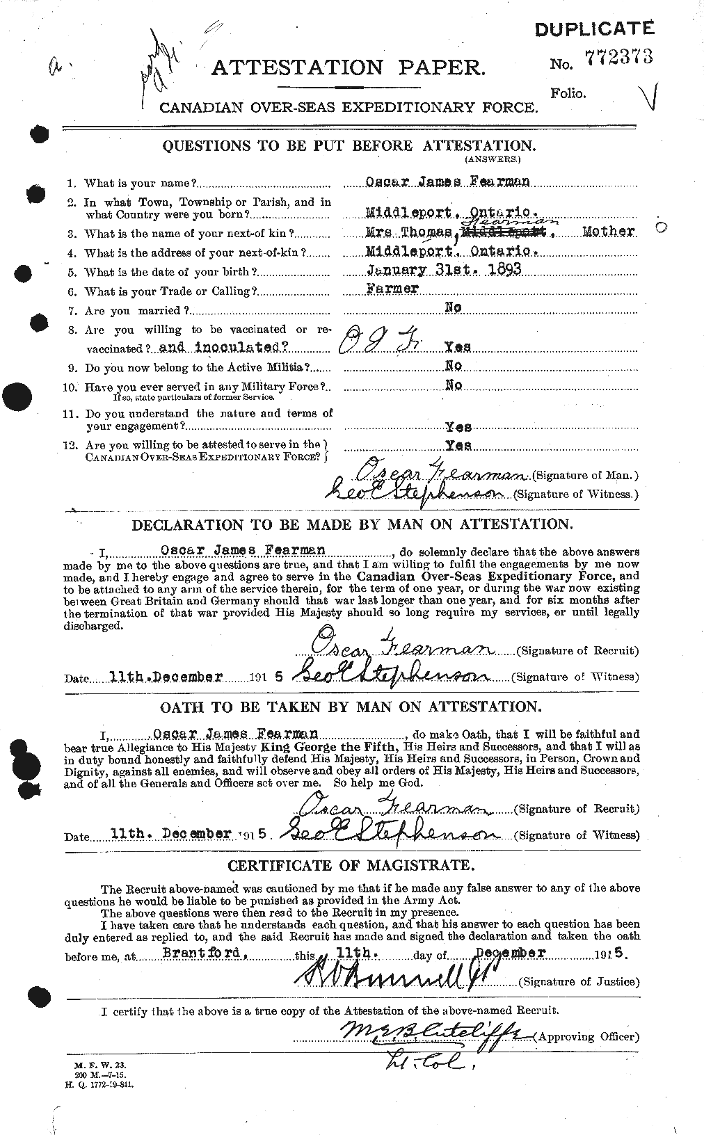 Dossiers du Personnel de la Première Guerre mondiale - CEC 319562a