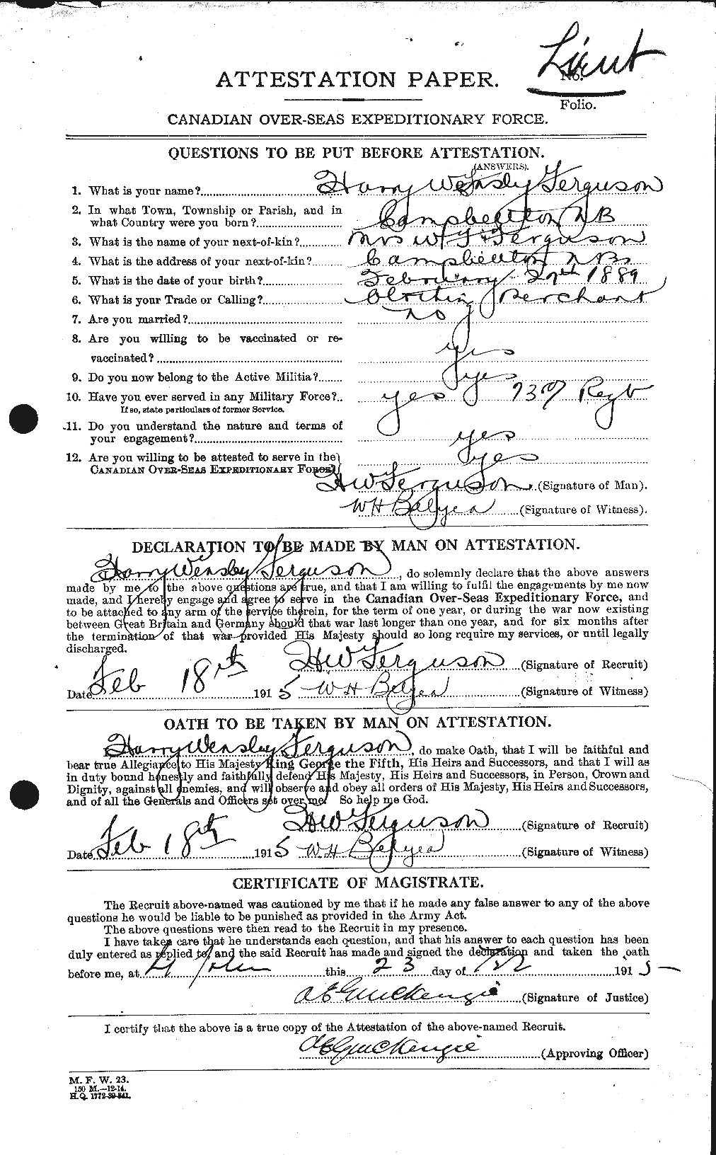 Personnel Records of the First World War - CEF 320182a