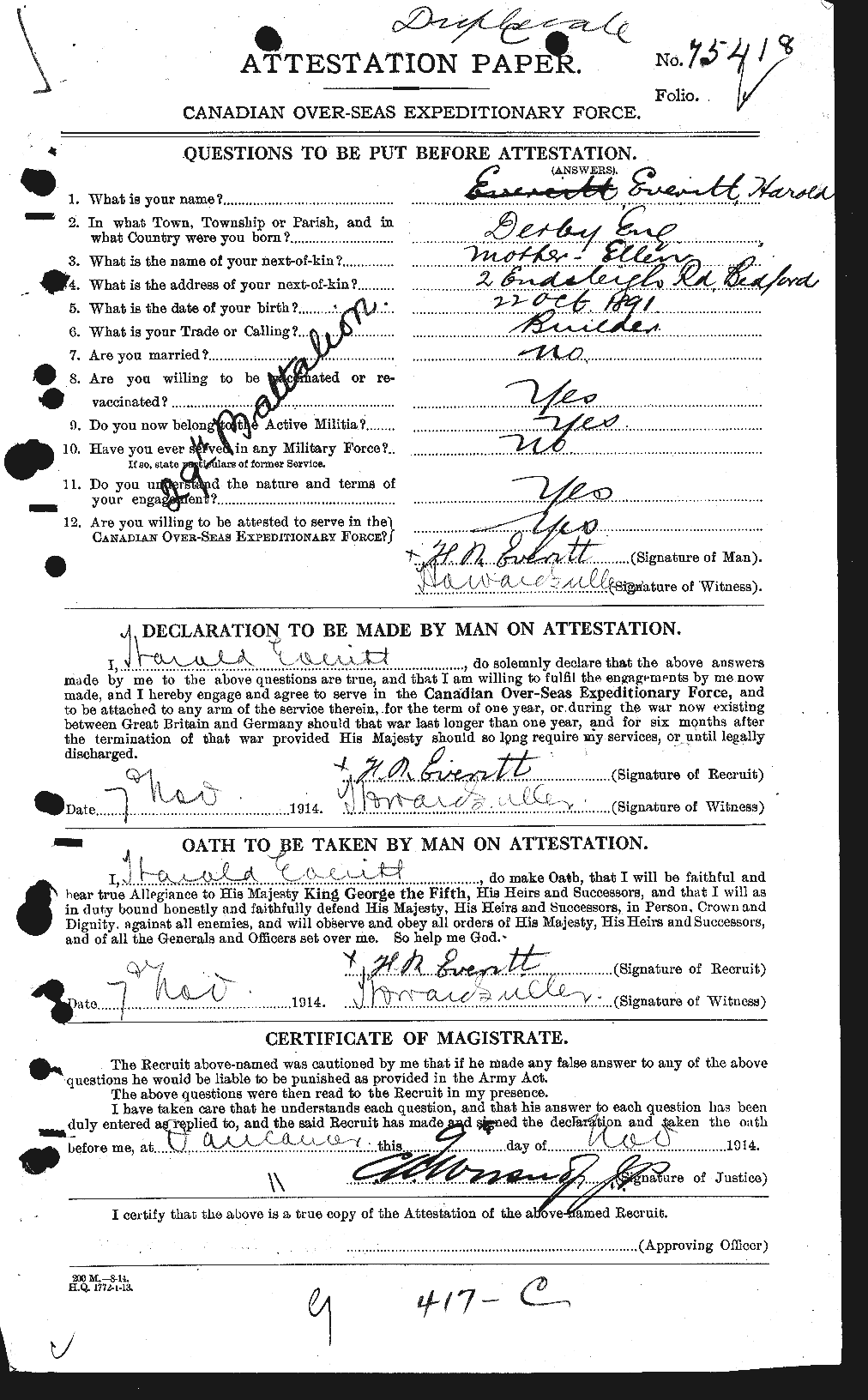 Dossiers du Personnel de la Première Guerre mondiale - CEC 320422a
