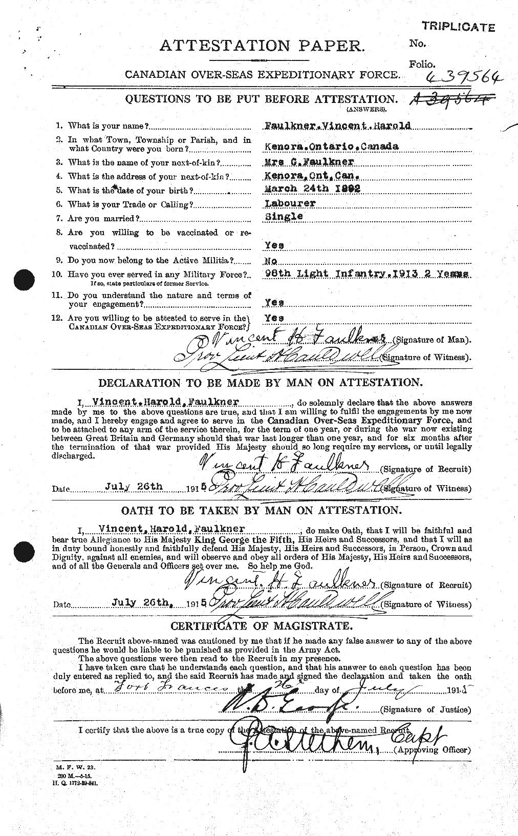 Dossiers du Personnel de la Première Guerre mondiale - CEC 321315a