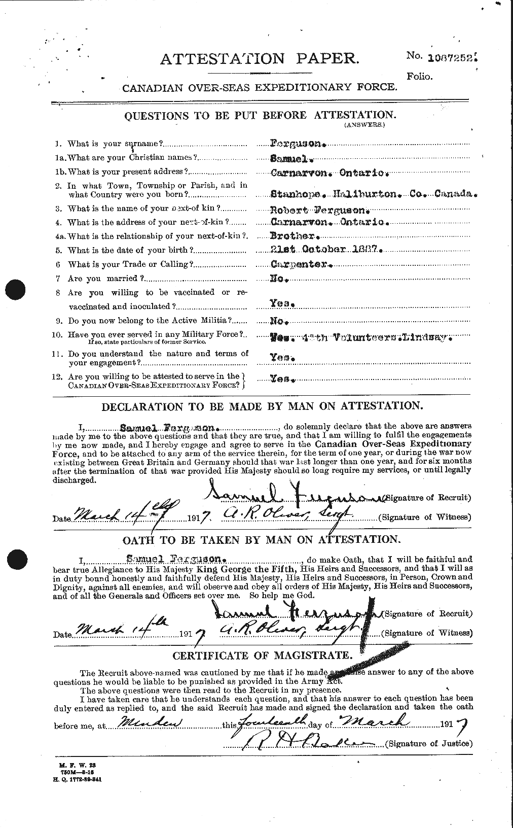 Dossiers du Personnel de la Première Guerre mondiale - CEC 321652a